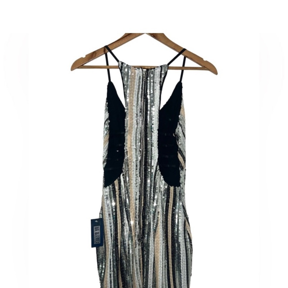 LUXXEL -  V neck mini Sequin-Striped dress